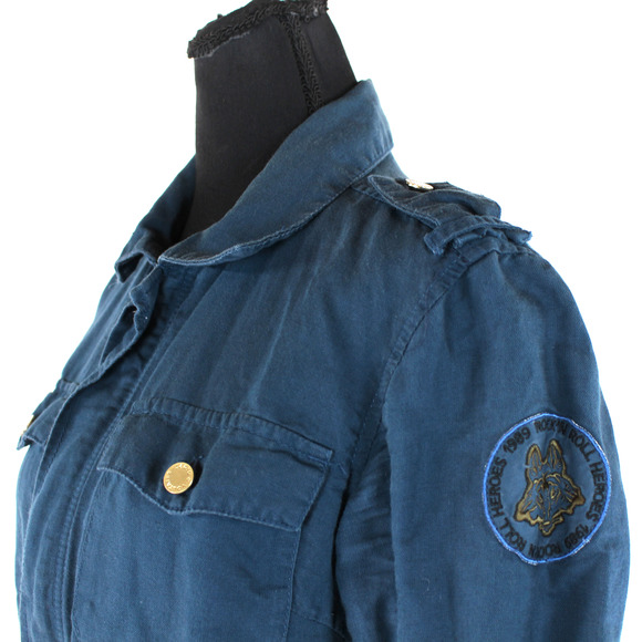 Zadig & Voltaire Kavy Blue Zip Up Linen Military Jacket XS Patch Half Sleeve Top - Picture 3 of 7